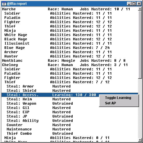 FFTA Ability Report Window